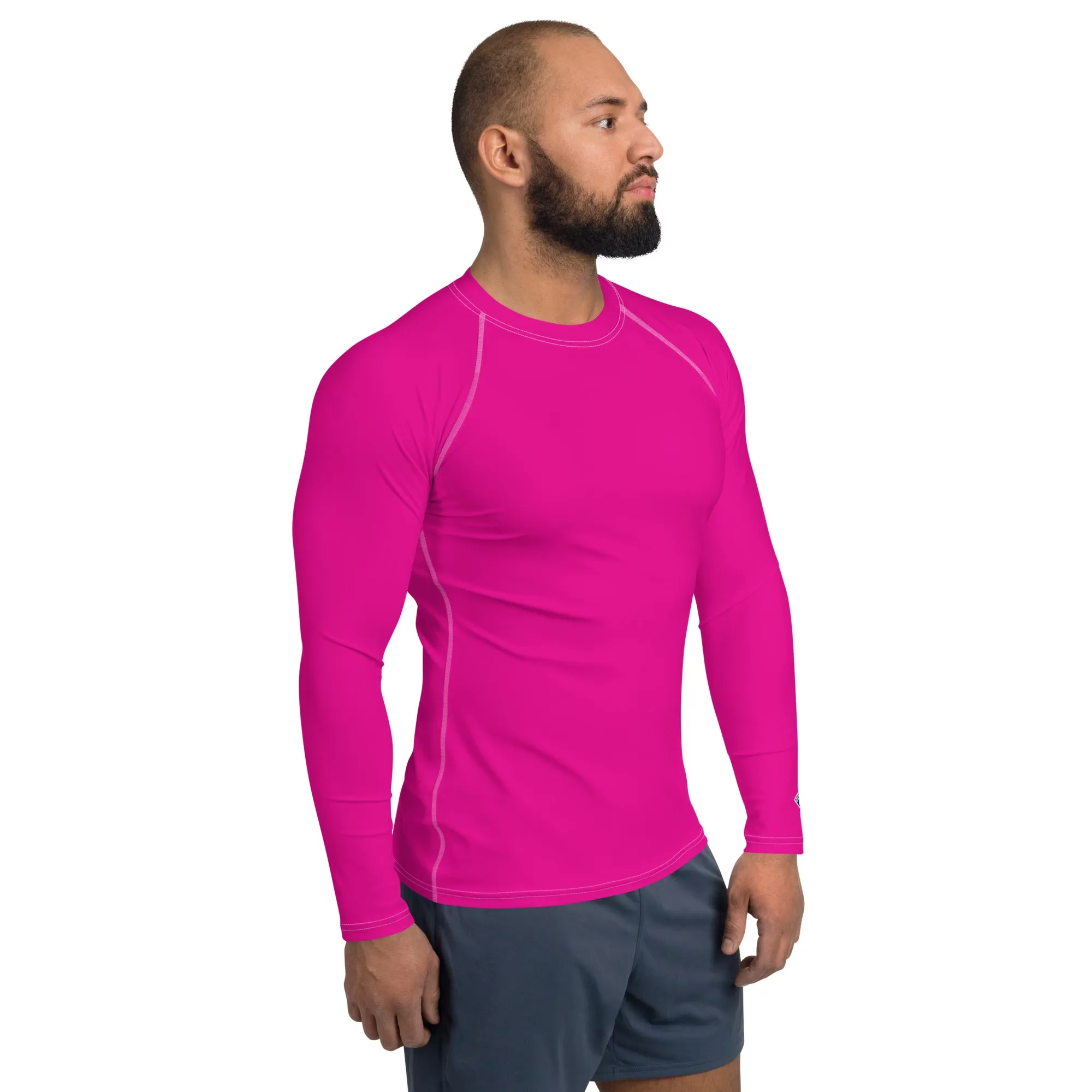 Sun-Ready Style: Men's Solid Color Long Sleeve Rash Guard - Hollywood Cerise