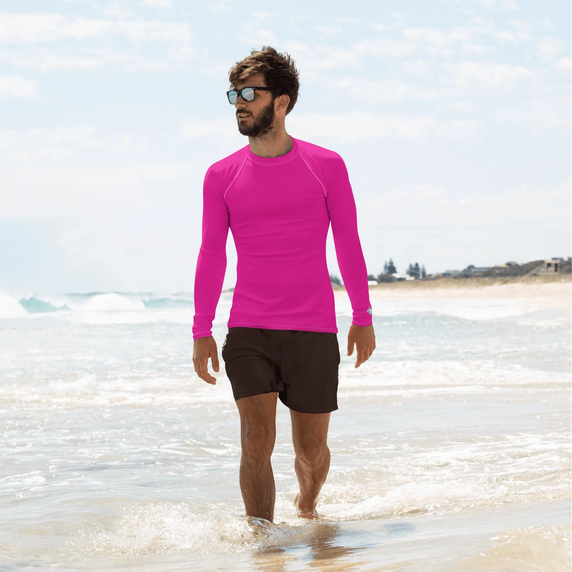 Sun-Ready Style: Men's Solid Color Long Sleeve Rash Guard - Hollywood Cerise