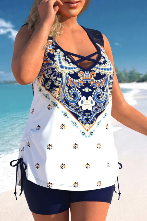 Tribal Print Plus Size Lace Stitching Tankini Set