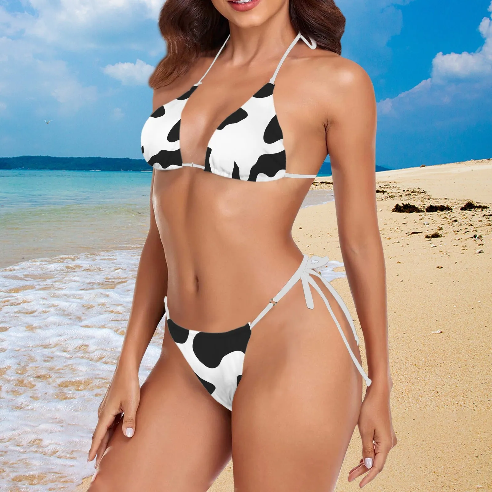 Vampire Art Glam Halter String Bikini Swimsuit Set - Cowgirl Cowhide Pattern