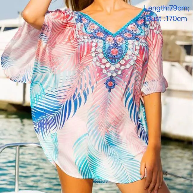 Women Kaftan Style Beach Dress Robe de Plage Swimwear Cover ups