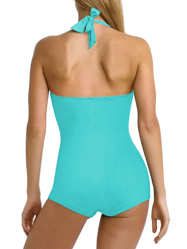 Women's One Piece Tummy Control Swimwear Boyleg Backless Ruched Swimsuit