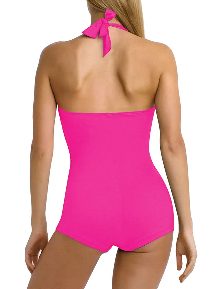 Women's One Piece Tummy Control Swimwear Boyleg Backless Ruched Swimsuit