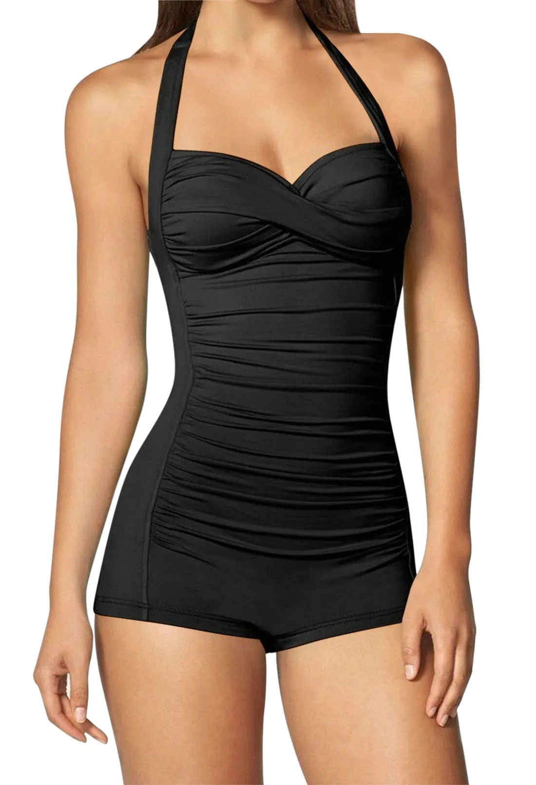 Women's One Piece Tummy Control Swimwear Boyleg Backless Ruched Swimsuit