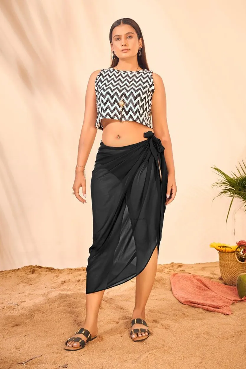 Zig Zag Pattern Crop Top with Swimwear Cover Up Sarong Set